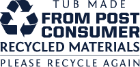 Logo indicating a tub is made from post-consumer recycled materials with a recycle reminder.