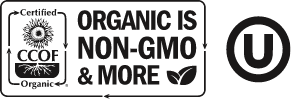 Black and white seals indicating 'Organic is Non-GMO & More' with certification logos.