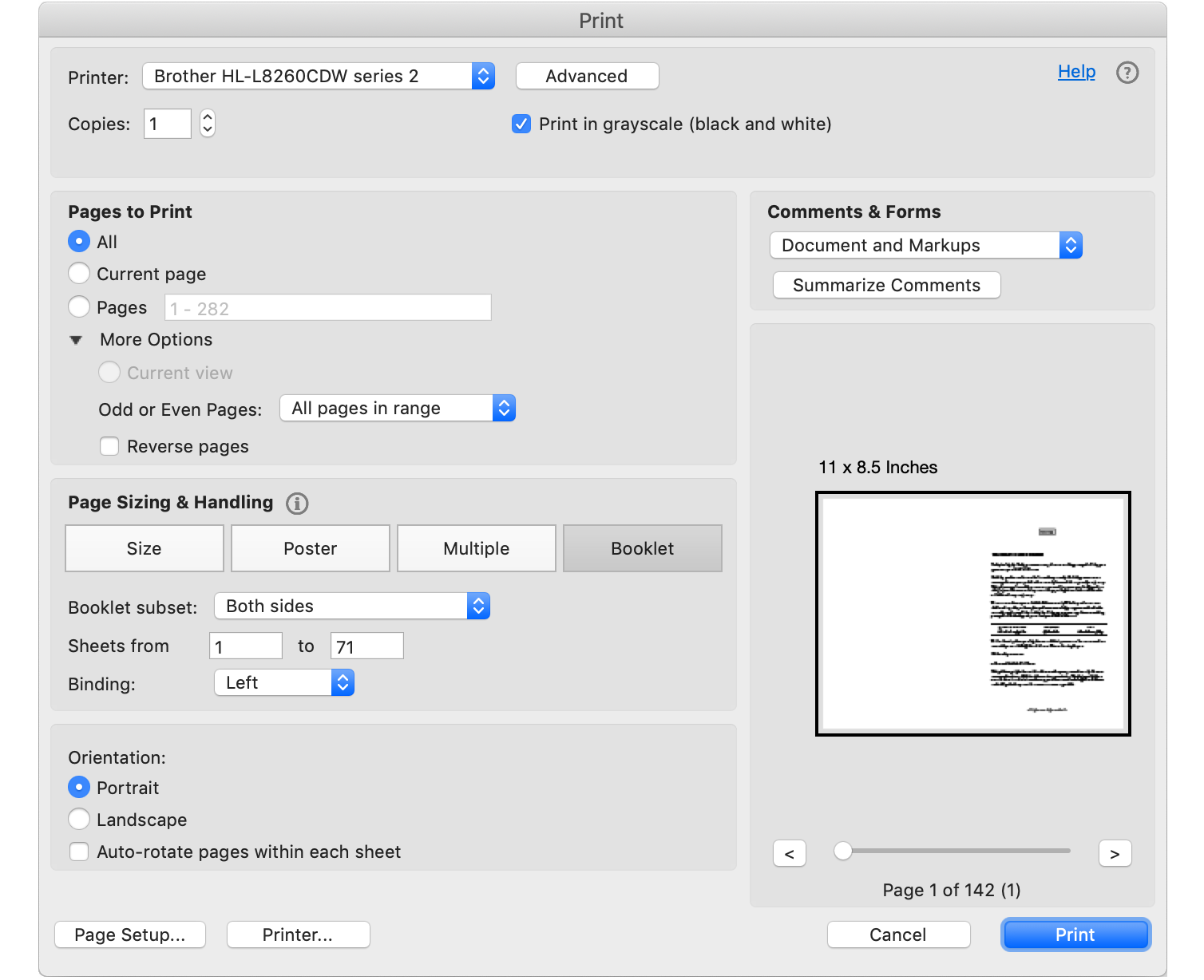 booklet printing with acrobat screen