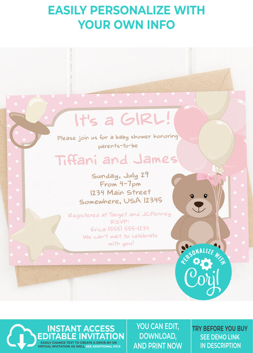 Teddy Bear Baby Shower Invitations Template, Printable Teddy
