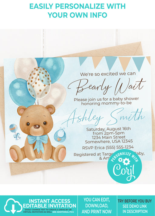 Teddy Bear Baby Shower Invitation Printable, Digital Or Printed Invitation  Baby Shower Gender Neutral, Editable Invitation Beige Brown bsh01