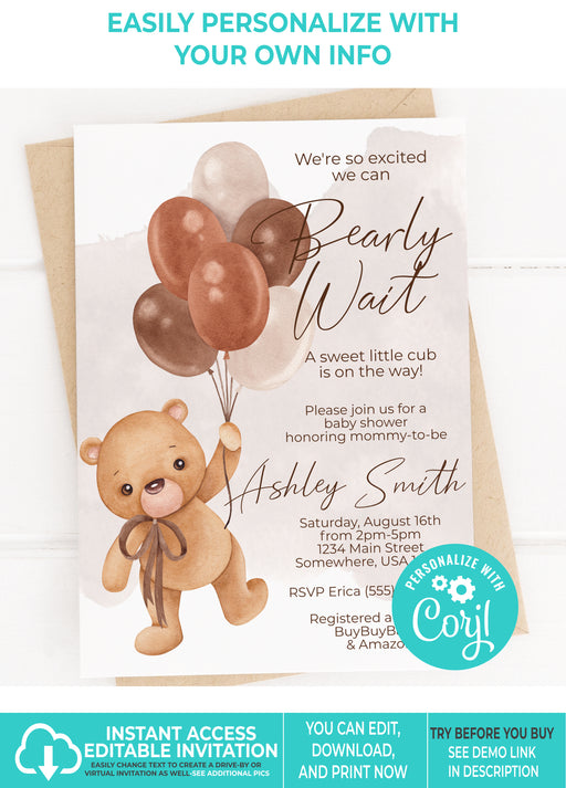 Gender Neutral Teddy Bear Baby Shower Invitations, Green Balloon