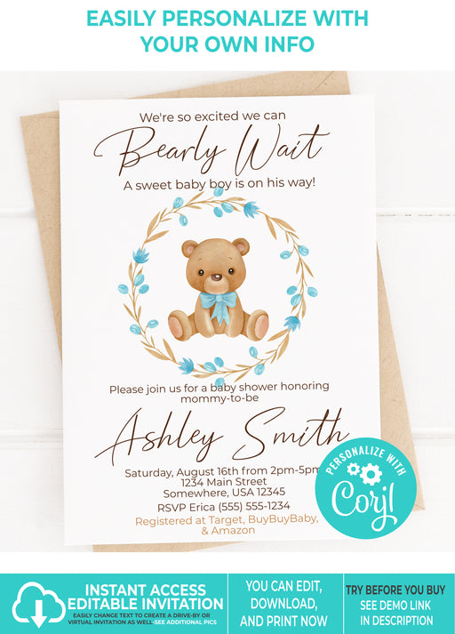 Teddy Bear Baby Shower Invitations Template, Printable Teddy