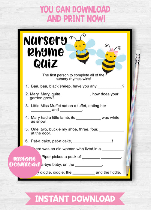 Instant Download Baby Bee Nursery Rhyme Quiz Gender Reveal Game Gr001 Premier Party Prints