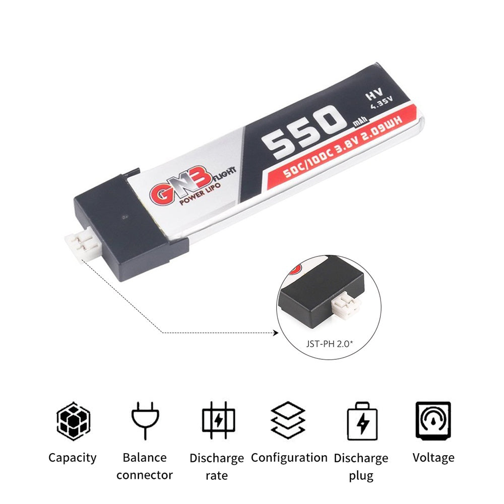 GNB 4PCS 550mAh 1S HV 3.8V LiPo Batería 50C JST-PH 2.0 Potencia para Dron de carreras con visión en primera persona