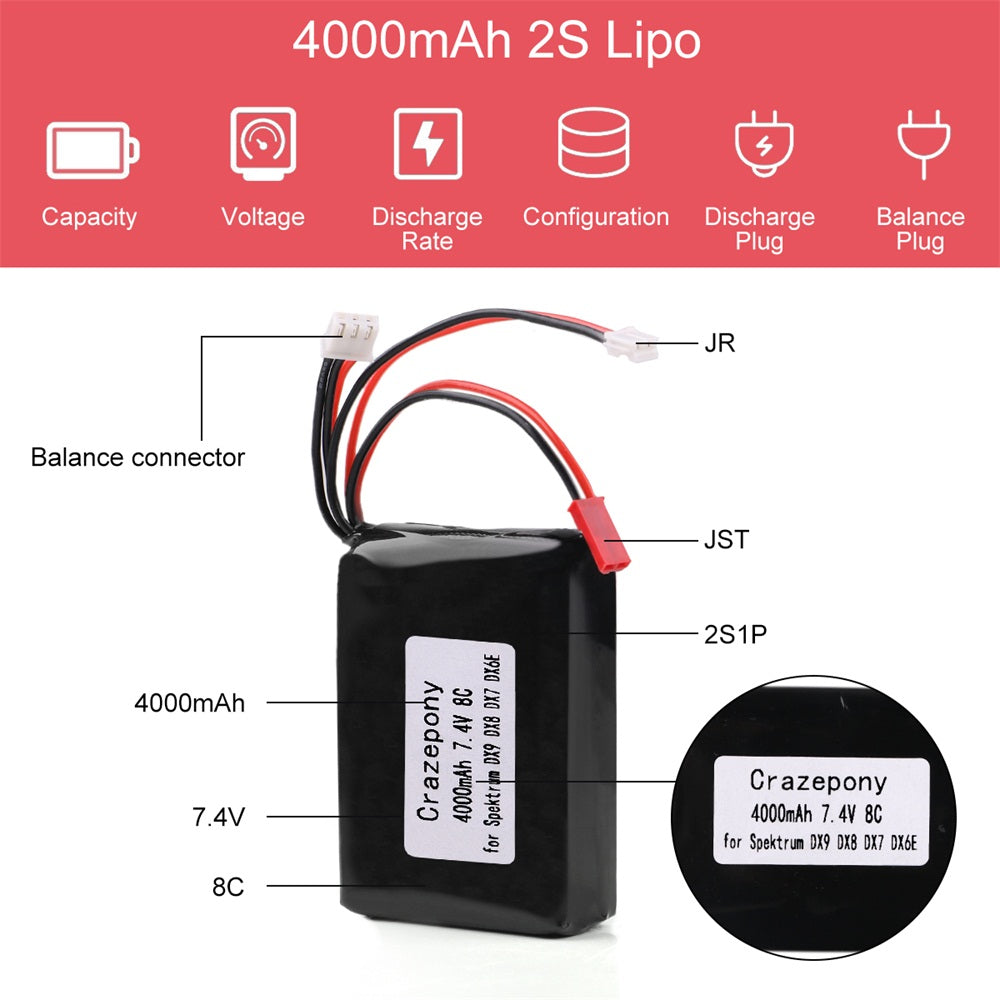 Crazepony 4000mAh 2S Lipo バッテリー 8C/16C 7.4V JST JR プラグ バランサー コネクター トランスミッター バッテリー