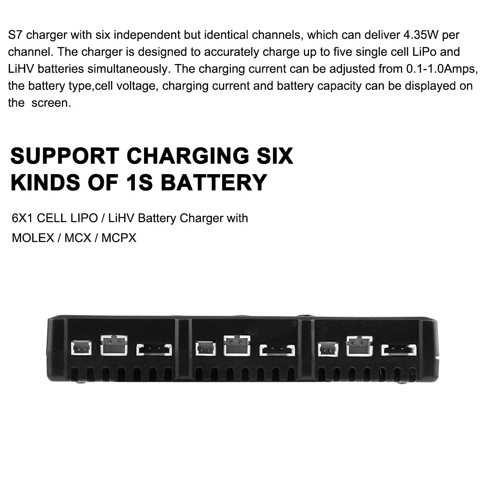 S7 CELL CHARGER MINI 1S Cargador de batería 6x4.35W LiPO/LiHV Cargador de batería con Micro MX mCPX