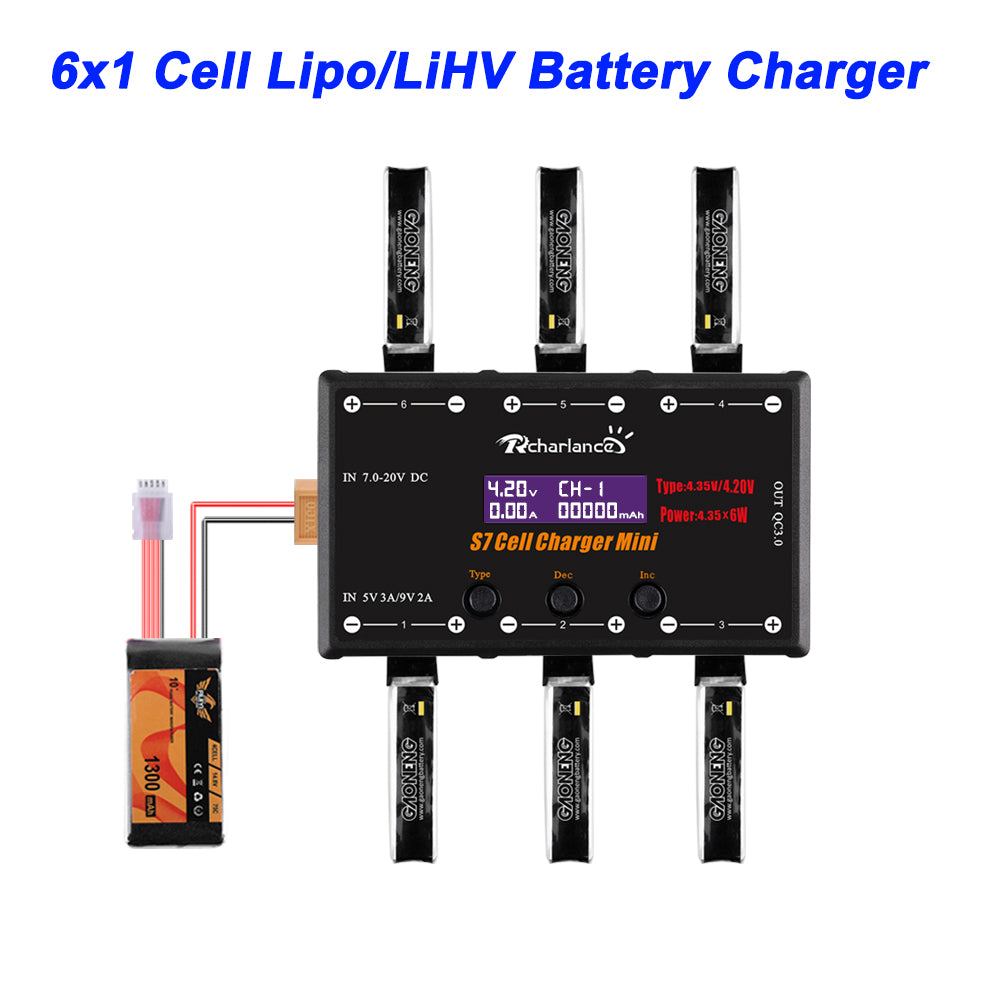 S7 CELL CHARGER MINI 1S Cargador de batería 6x4.35W LiPO/LiHV Cargador de batería con Micro MX mCPX