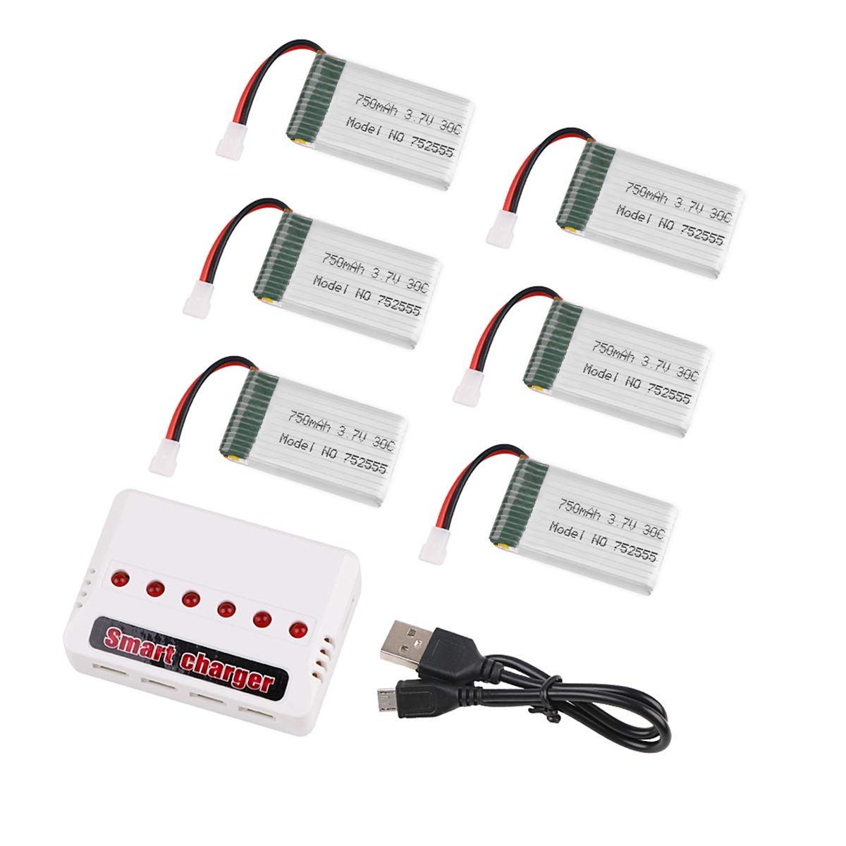 Crazopony 6pcs 1S 3.7V 750mAh Lipo Batería 30C con cargador 6 en 1 Carga rápida inteligente