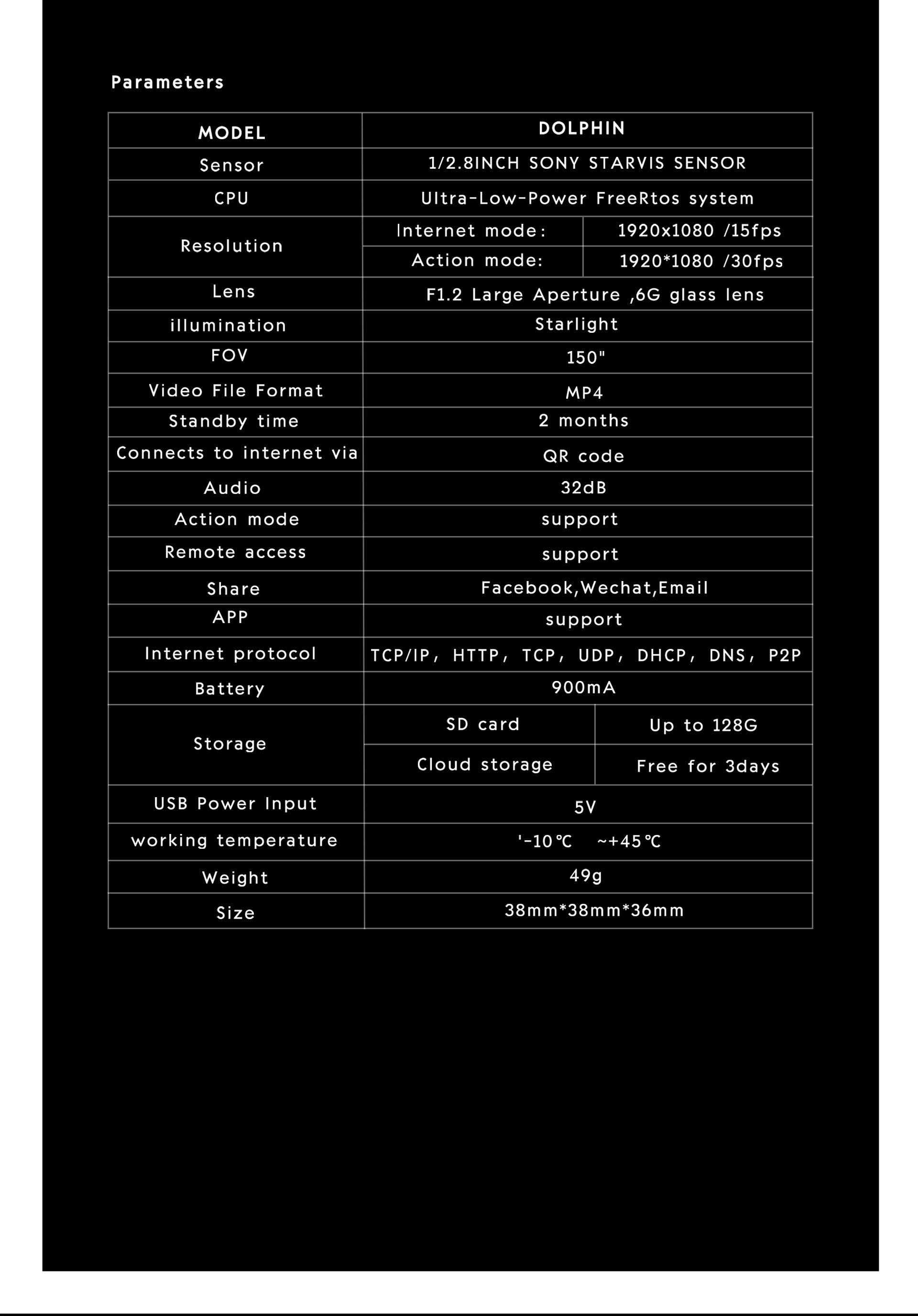 Specification: Brand: Caddx Model: Dolphin Sensor: 1/2.8 inch sony starvis sensor CPU: Ultra-Low-Power FreeRtos system Resolution: Internet mode: 1920x1080/15fps                    Action mode: 1920x1080/30fps Lens: F1.2 large Aperture,6G glass lens Illumination: Starlight FOV: 150" Video file format: MP4 Standby time: 2 months Connects to internet via: QR code Audio: 32dB Action mode: Support Remote access: Support Share: Facebook,Wechat,E-mail APP: Support Internet protocal: TCP/IP,HTTP,TCP,UDP,DHCP,DNS,P2P Battery: 900mA Storage: SD card: Up to 128G               Cloud Storage: free for 3days USB Power input: 5v Working temperature: -10℃~+45℃ Weight: 49g Size: 38mm*38mm*36mm