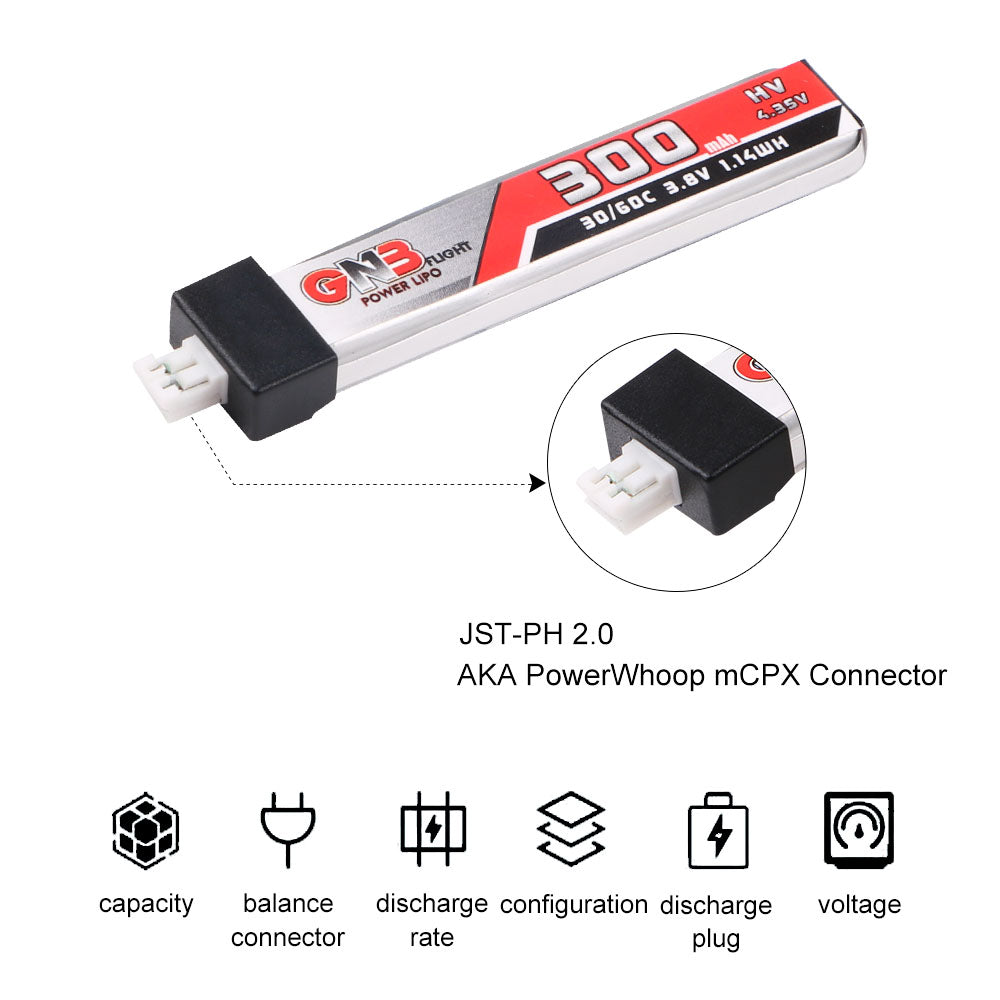 GNB 6pcs 300mAh 30C 1S LiPo Batería 3.8V/4.35V LiHv Batería con conector JST-PH 2.0