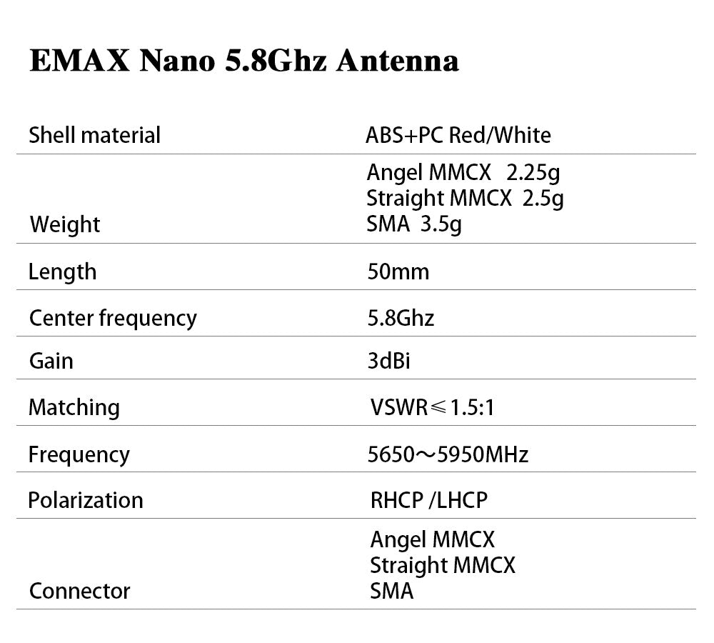 EMAX Nano 5.8G FPV Antenna- RHCP/LHCP 50mm SMA/MMCX/MMCX Angle for Racing Drone Quadcopter 