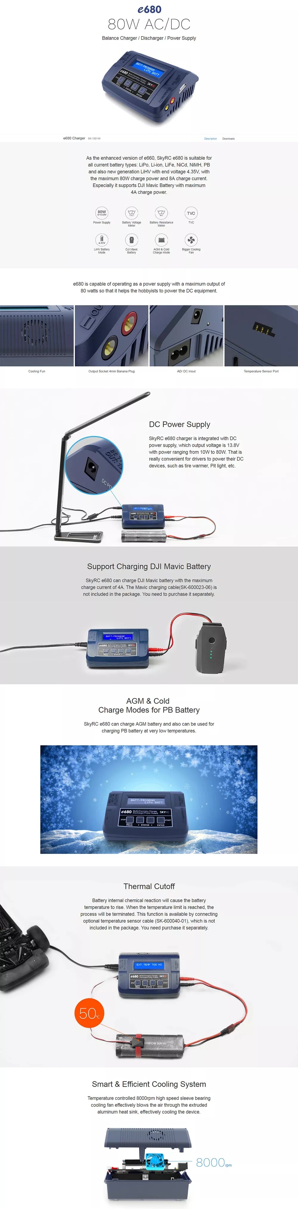 SKYRC e680 80W 8A AC/DC Balance Charger Discharger for 1-6S Lipo Battery - UK plug/US plug