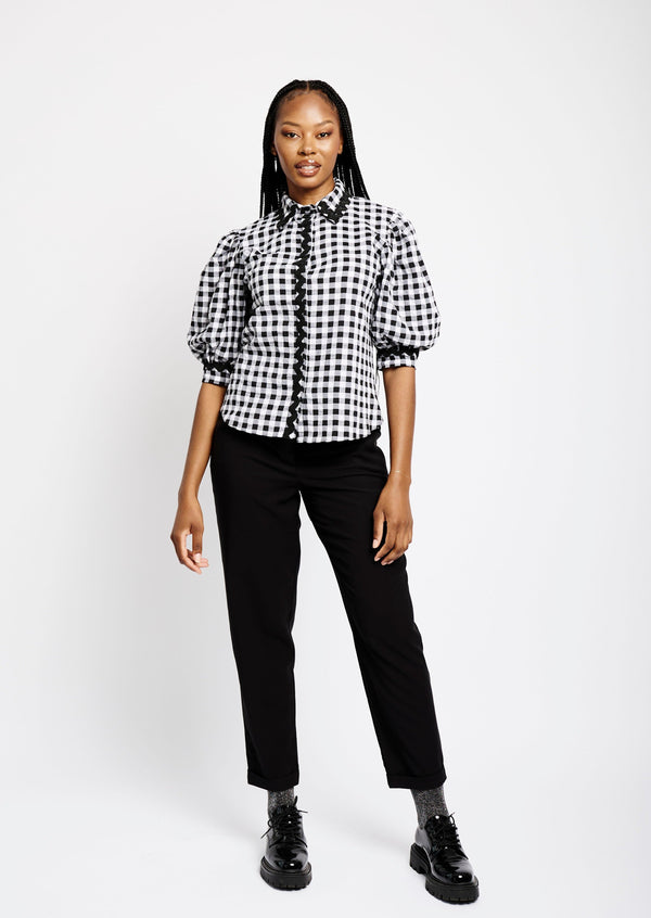 The Frankie Shirt with Ric Rac Detail in Black & White Gingham