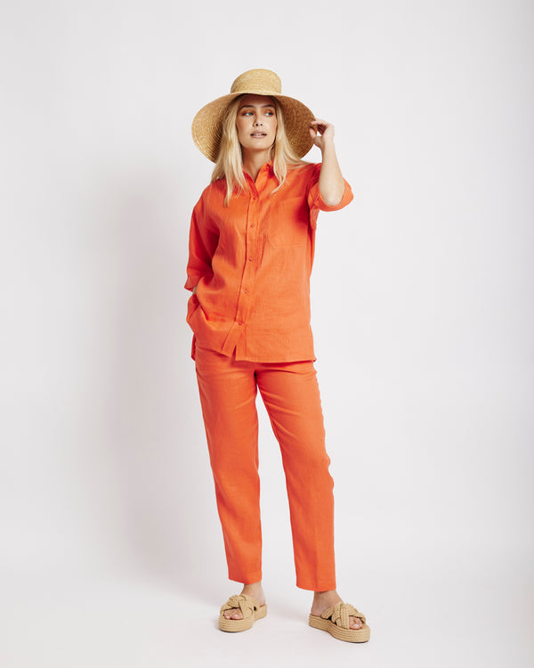 The Ultimate Tapered Leg Linen Pant in Coral
