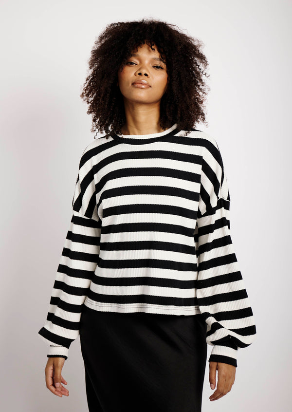 The Slouchy Rib Knit Top in Black and Cream Stripe