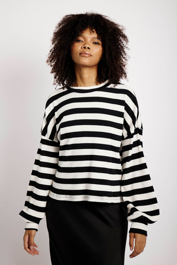 The Slouchy Rib Knit Top in Black and Cream Stripe