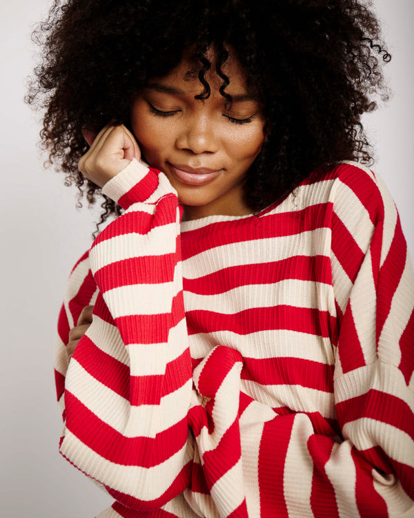 The Slouchy Rib Knit Top in Red and Cream Stripe