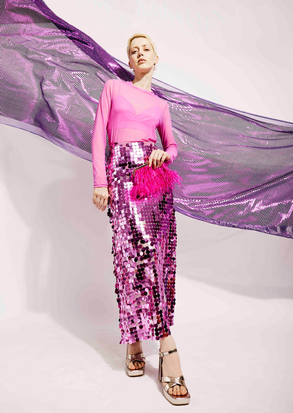Chunky Sequin Midi Skirt in Cerise Pink