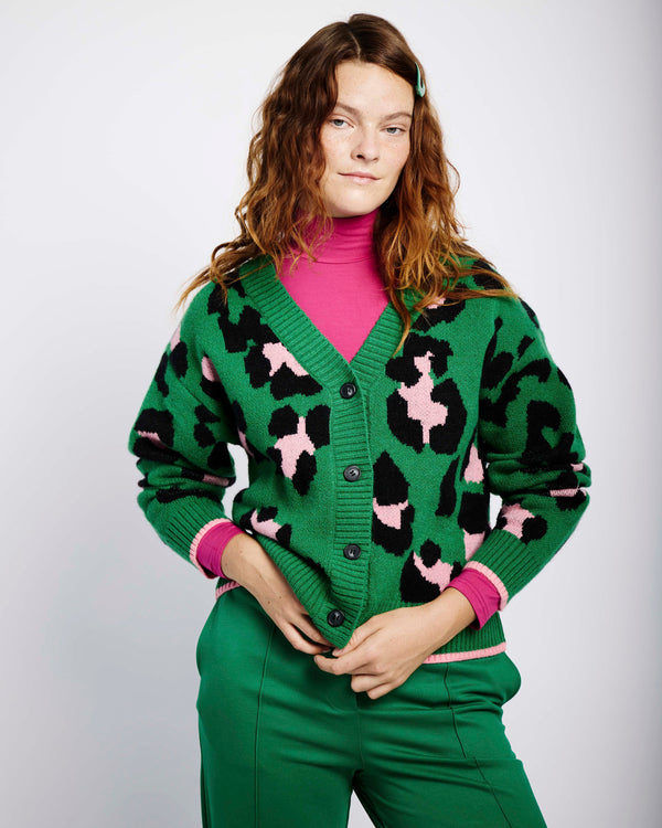 Button Through Cardigan in Pink and Green Opulent Animal