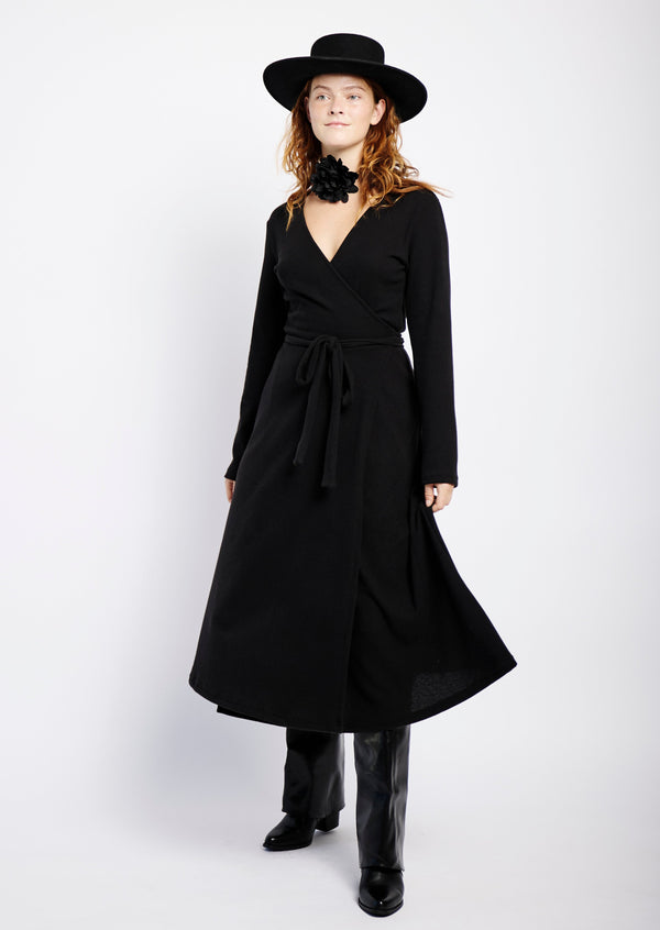 Longsleeve Cut and Sew Wrap Dress in Black