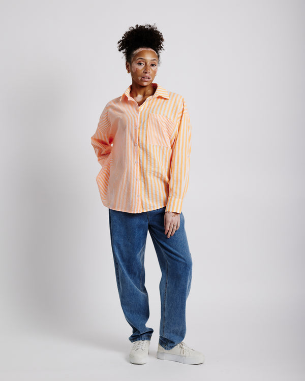 The Ultimate Oversized Shirt in Mixed Stripe in Neon Orange