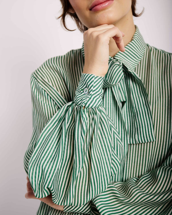 Bellow Sleeve Blouse with Detachable Bow in Green and Milk Stripe