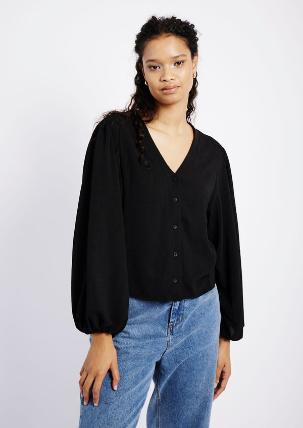 Bellow Sleeve Blouse with Shoulder Detail in Black