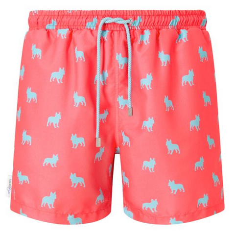Coral and pale blue French bulldog print drawstring shorts