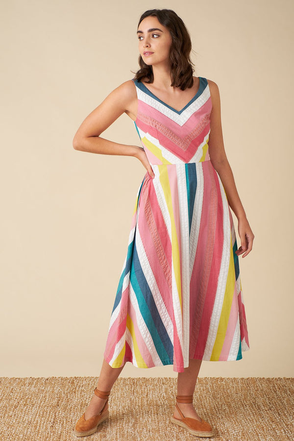 Emily and Fin Margot Midi Dress Summer Rainbow Stripe