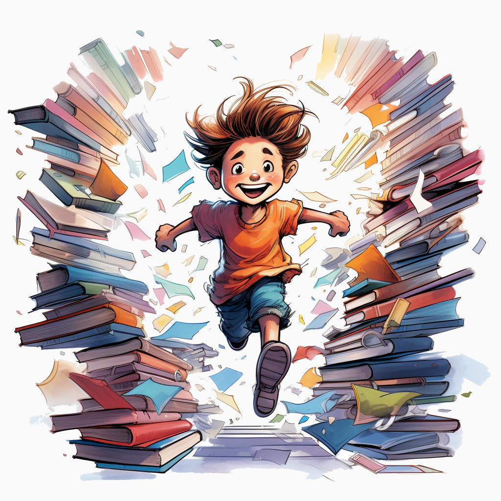 Cartoon illustration of a boy running through a forest of books