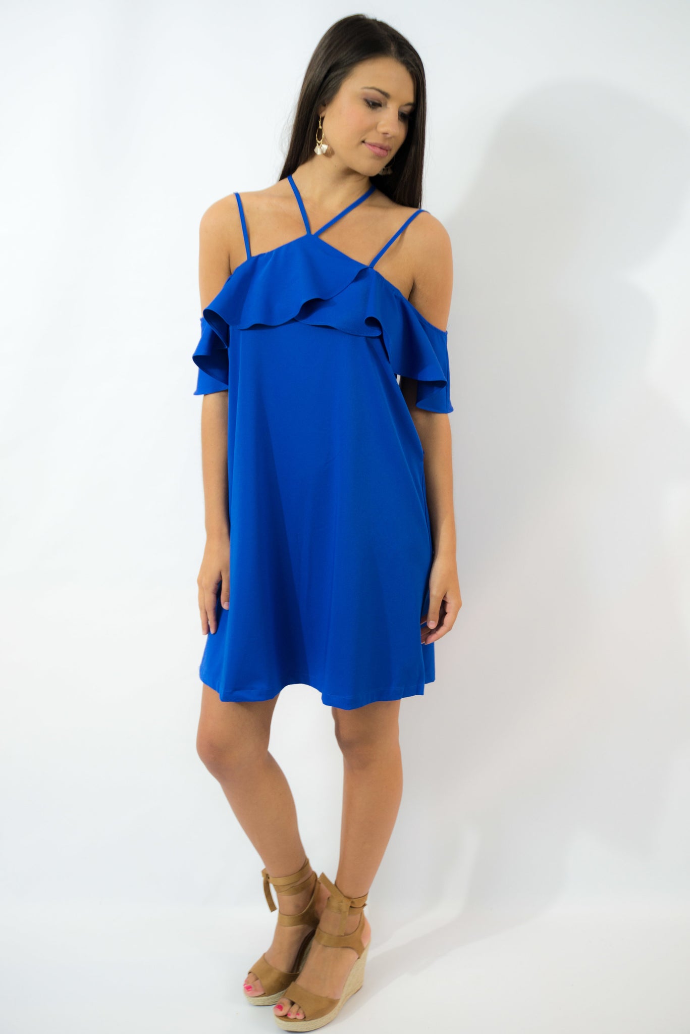 royal blue cold shoulder dress