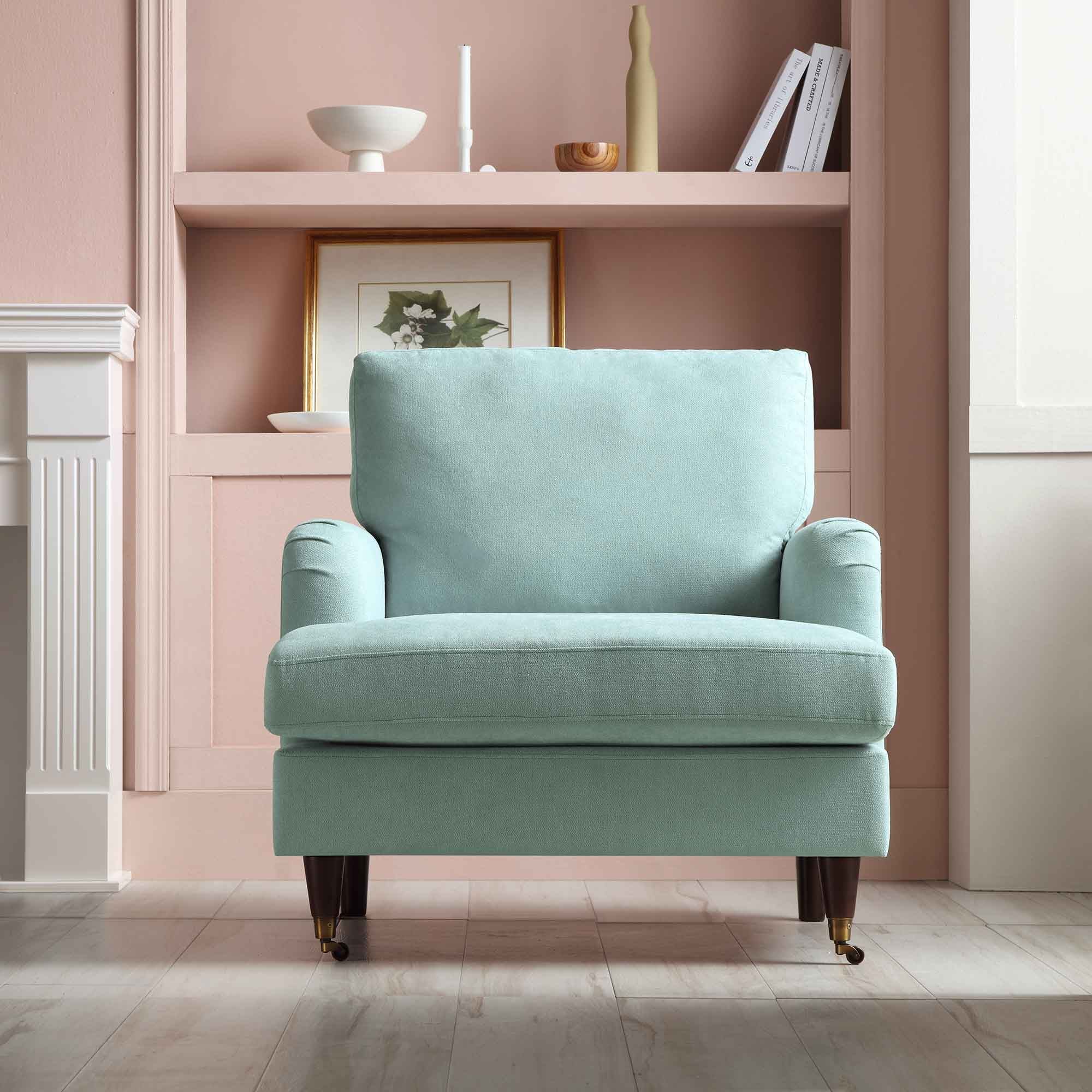 Brigette Mint Soft Brushed Fabric Armchair with Antique Brass Castor Legs