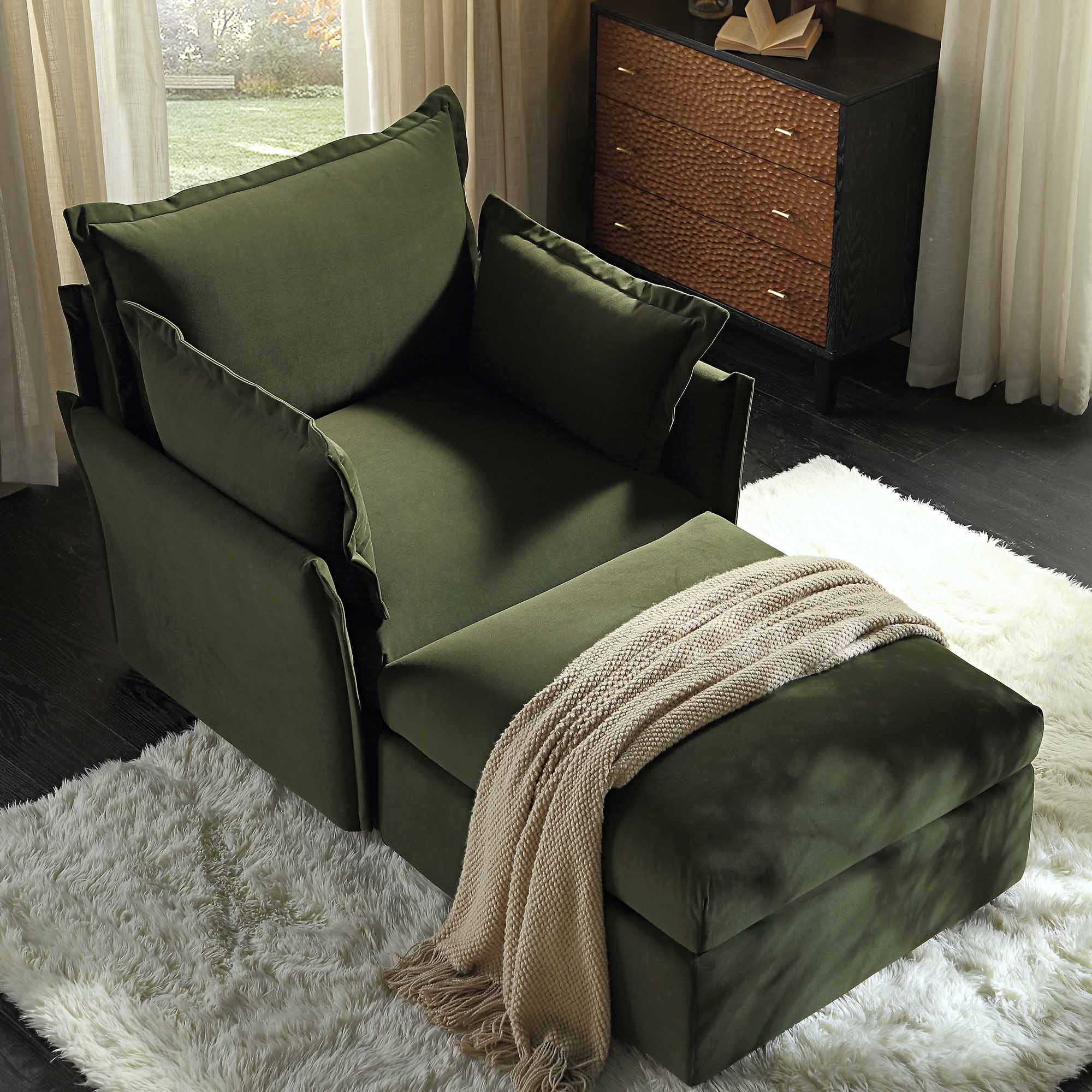 Byron Pillow Edge Moss Green Velvet Modular Sofa, 1-Seater Chaise