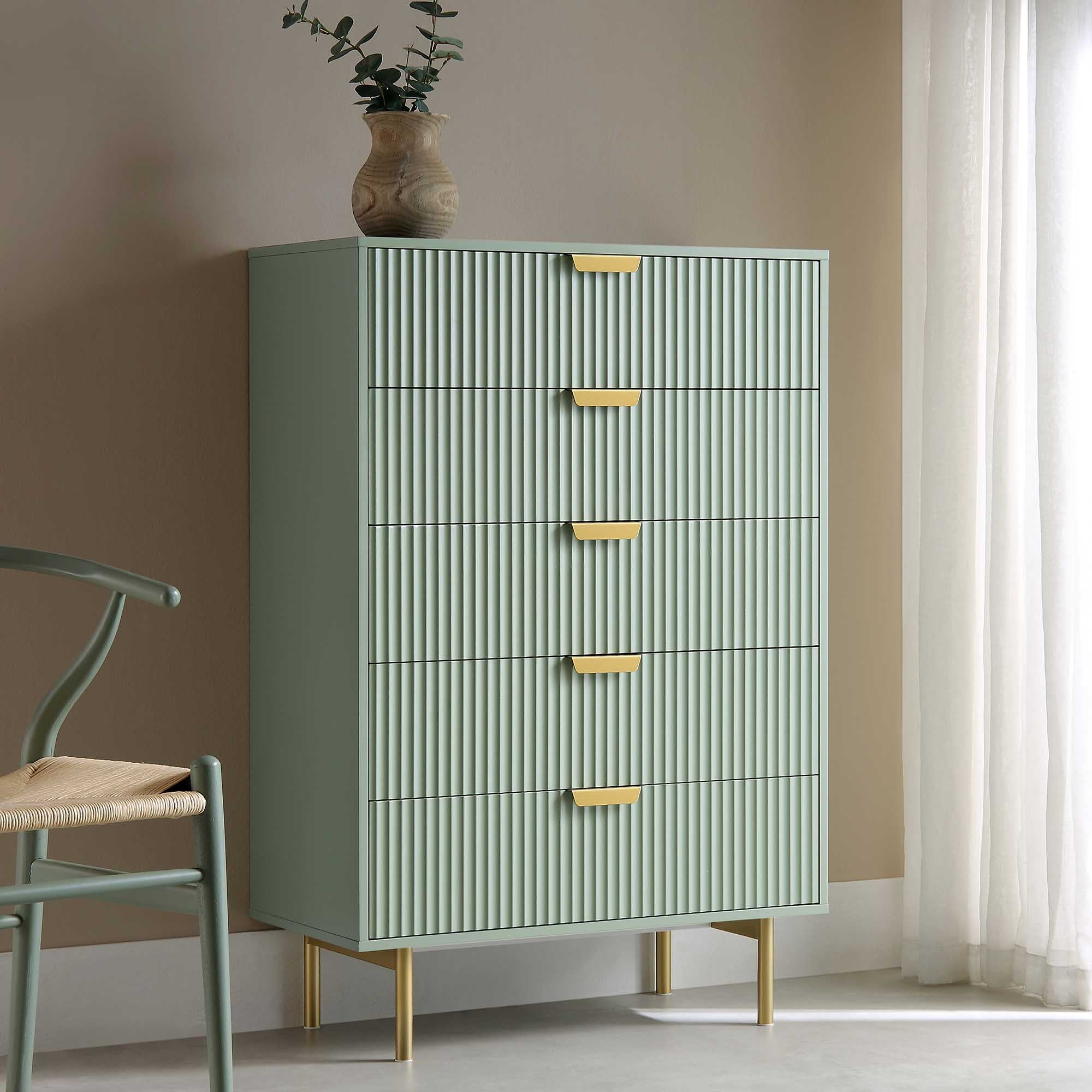 Richmond Ridged Chest of 5 Drawers, Matte Sage Green