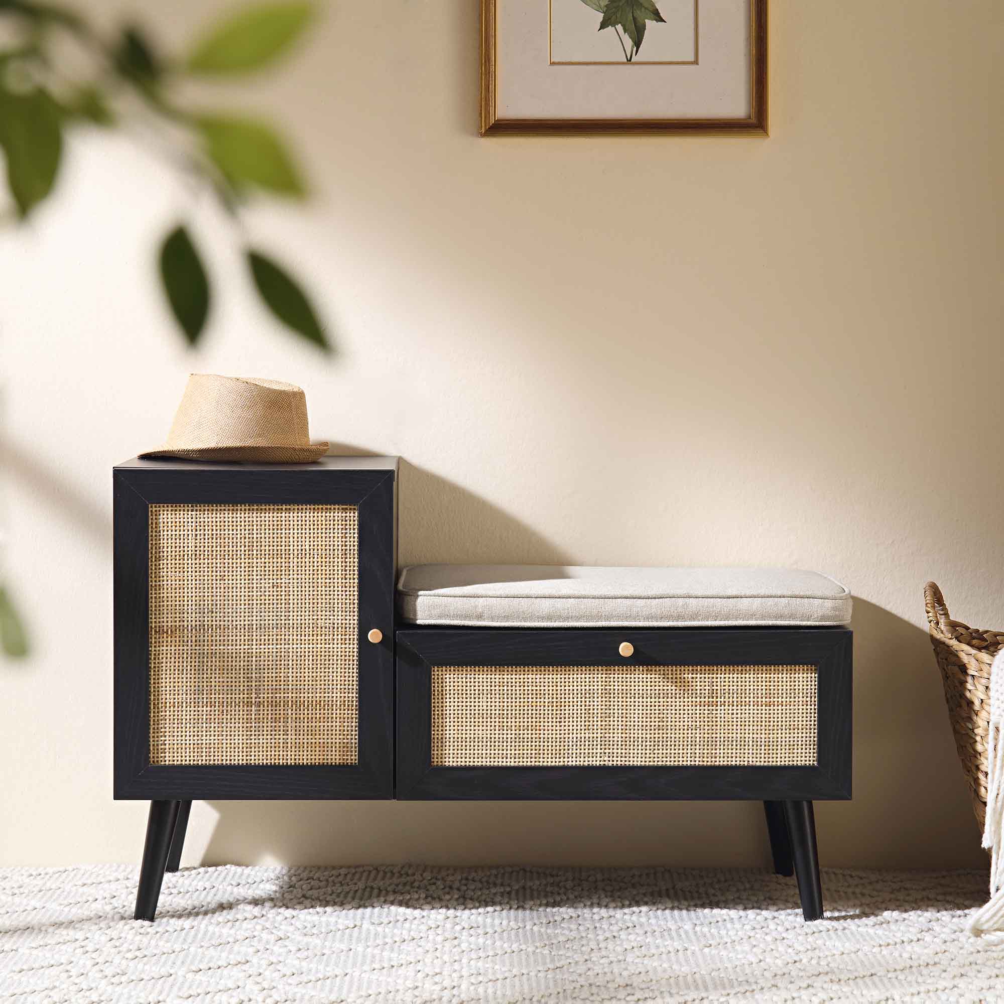 Frances Woven Rattan Storage Bench with Cushion, Black