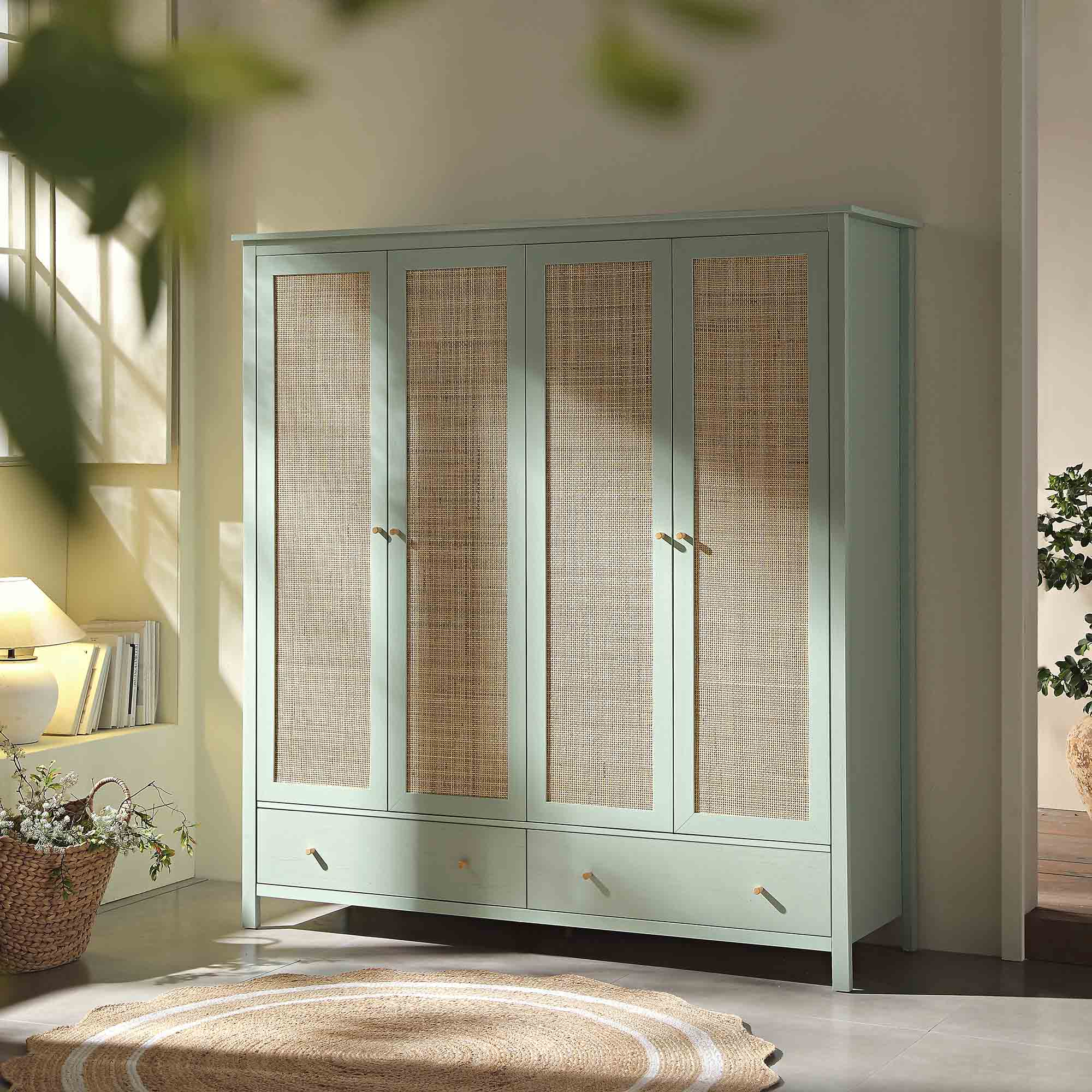 Frances Rattan 4-Door Wardrobe with 2 Drawers, Mint