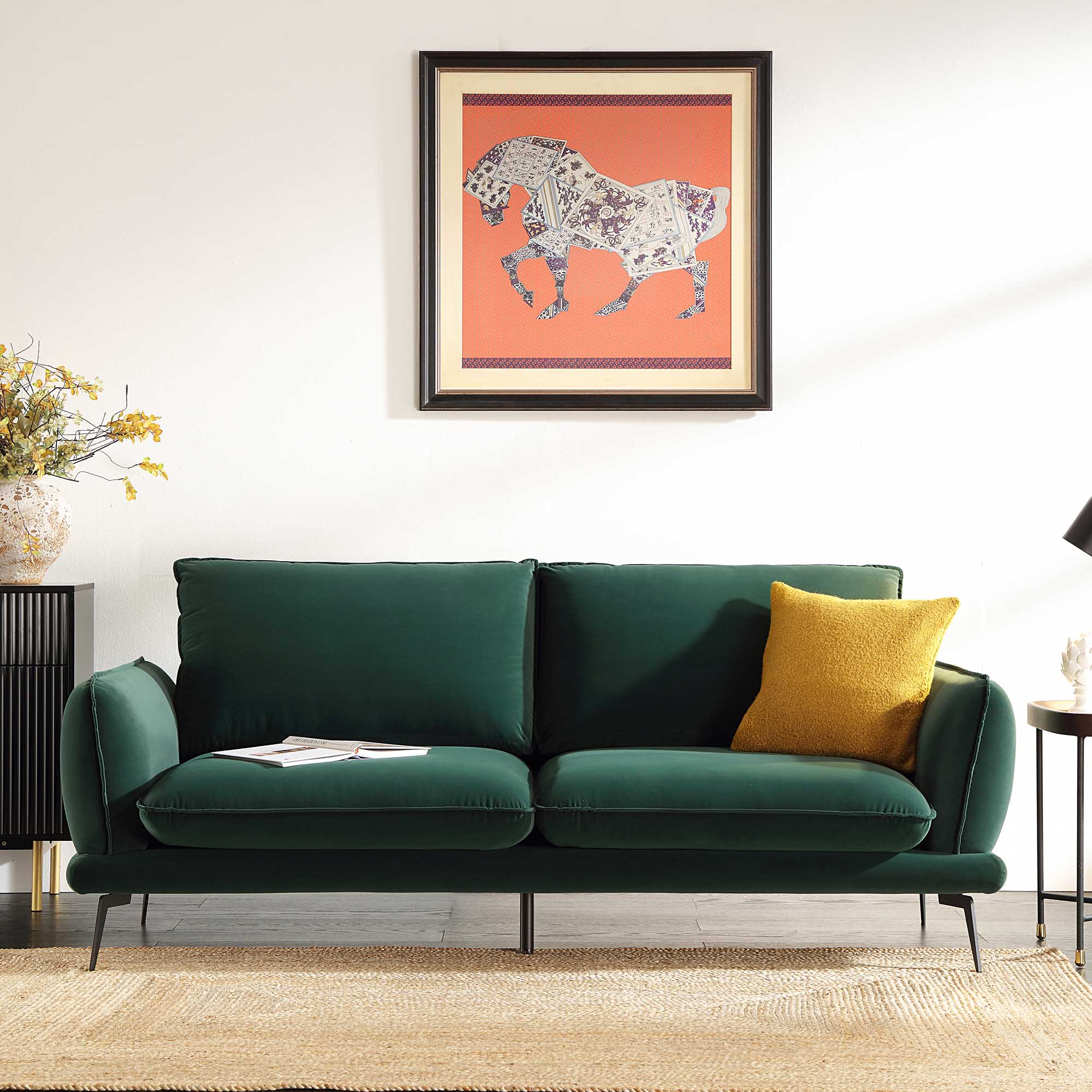 Obriel Forest Green Velvet Sofa, 3-Seater