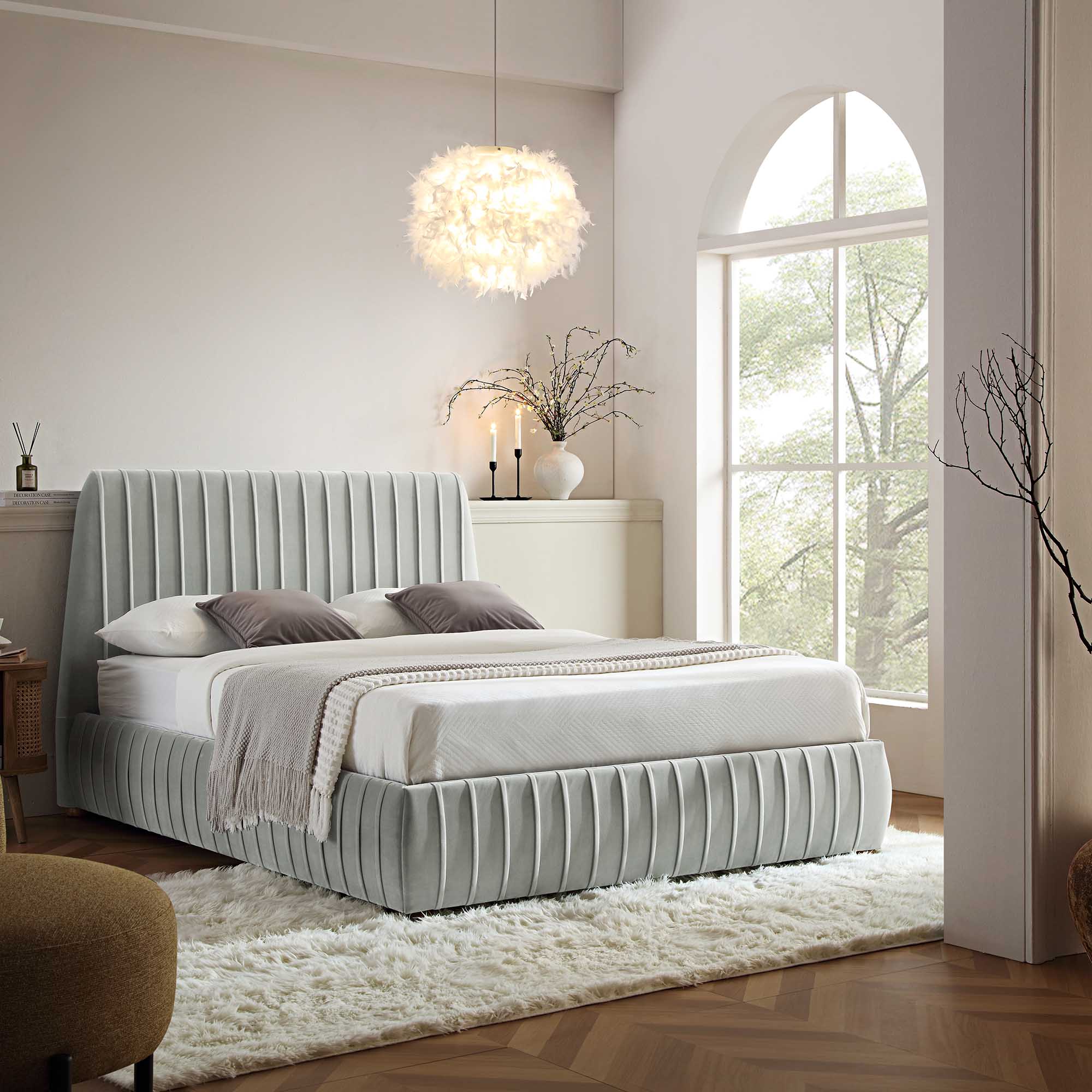 Helia Pleated Ottoman Storage Bed, Silver Grey Velvet