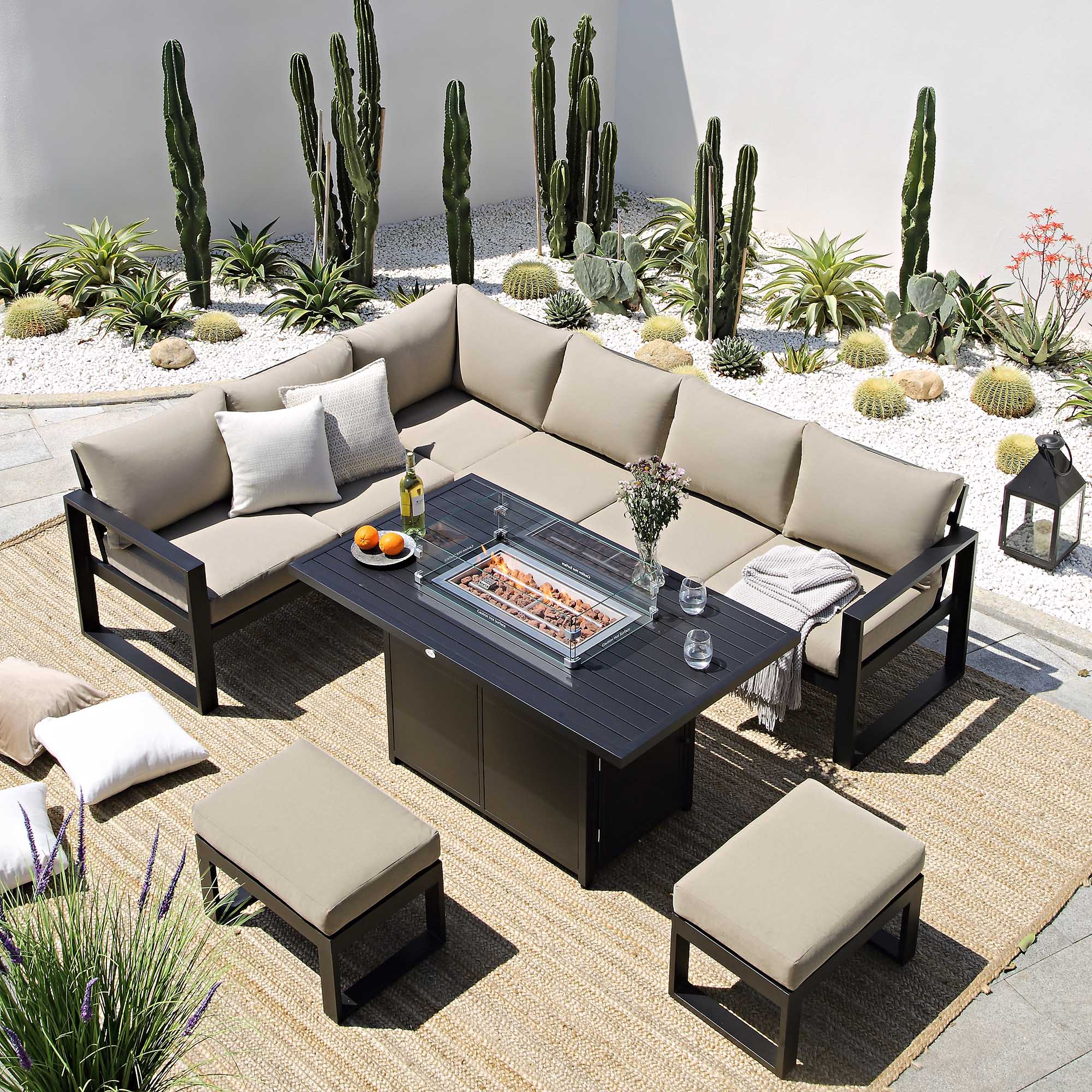 Albany Aluminium Large Corner Casual Dining Set with Firepit Table, Taupe