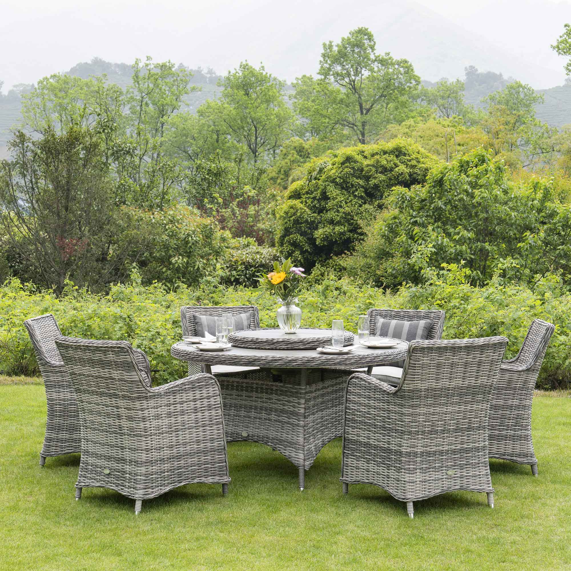 Hampshire 6-Seater Round Wicker Rattan Dining Set with Lazy Susan & Ice Bucket, Light Grey