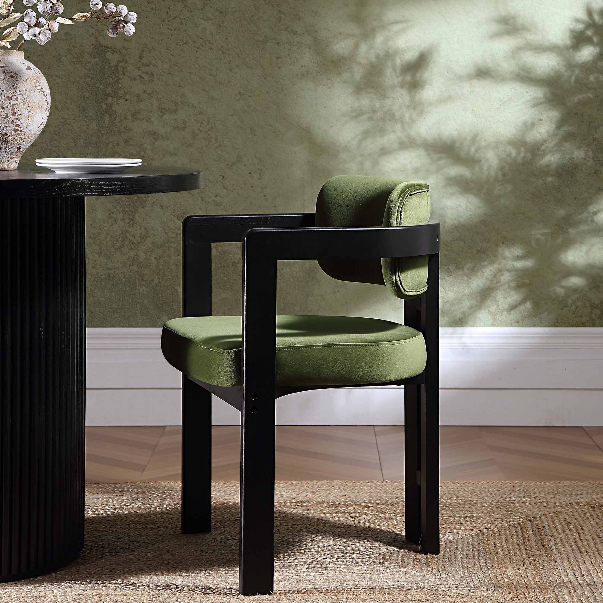 Stanford Curved Oak Frame Upholstered Chair, Moss Green Velvet Black Frame