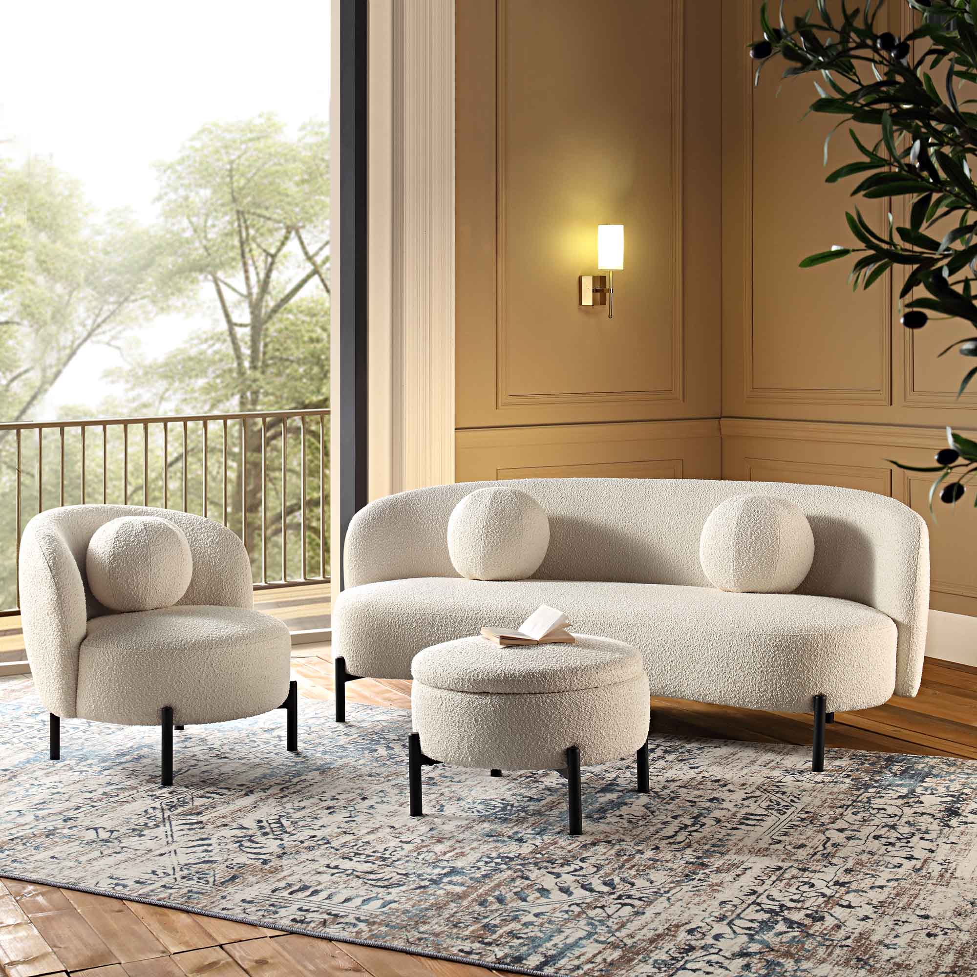 Amboise 3-Seater Curved Sofa with Ball Cushions, Ecru Boucle