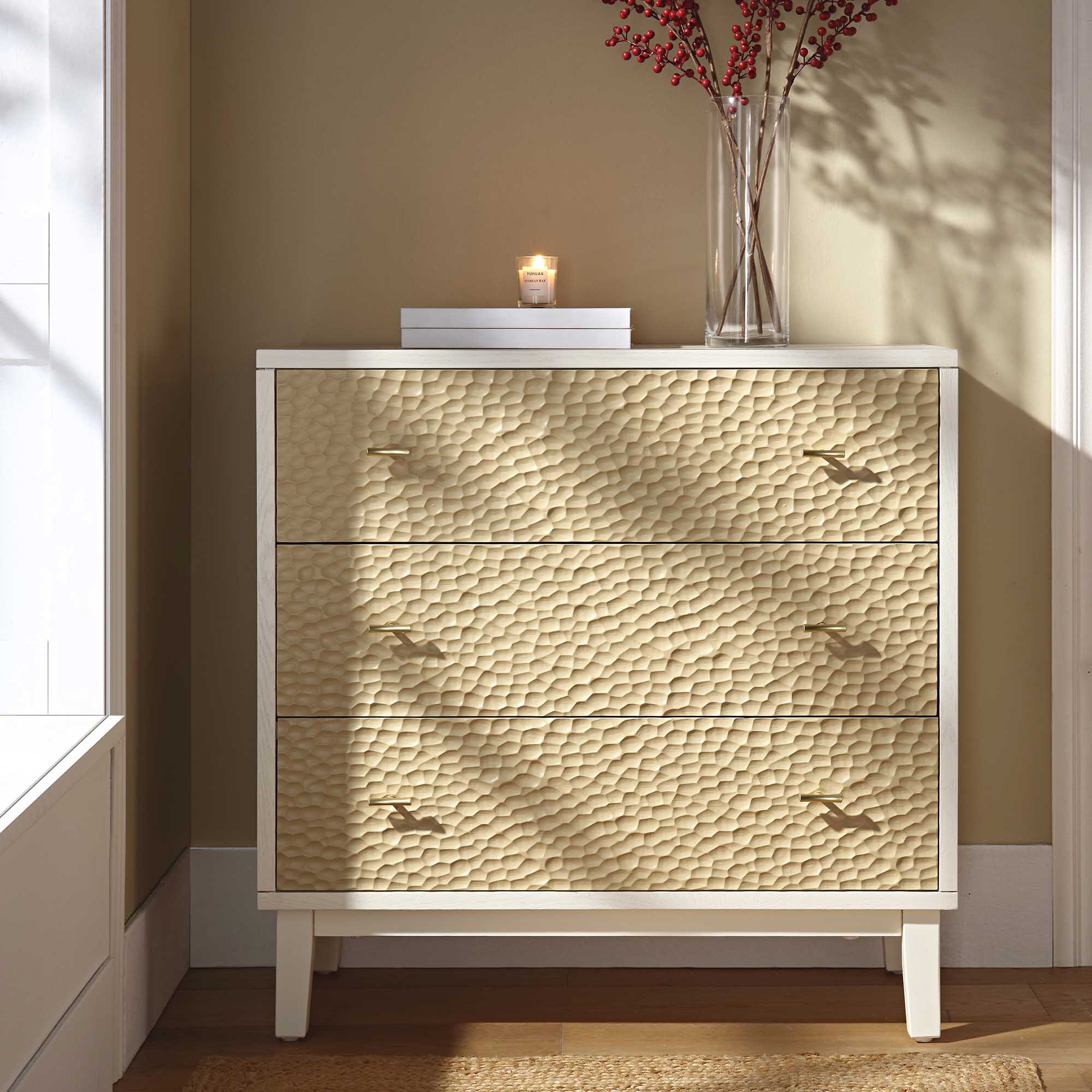 Bianca Chip Carved 3 Drawer Chest, Sand Beige & Ivory