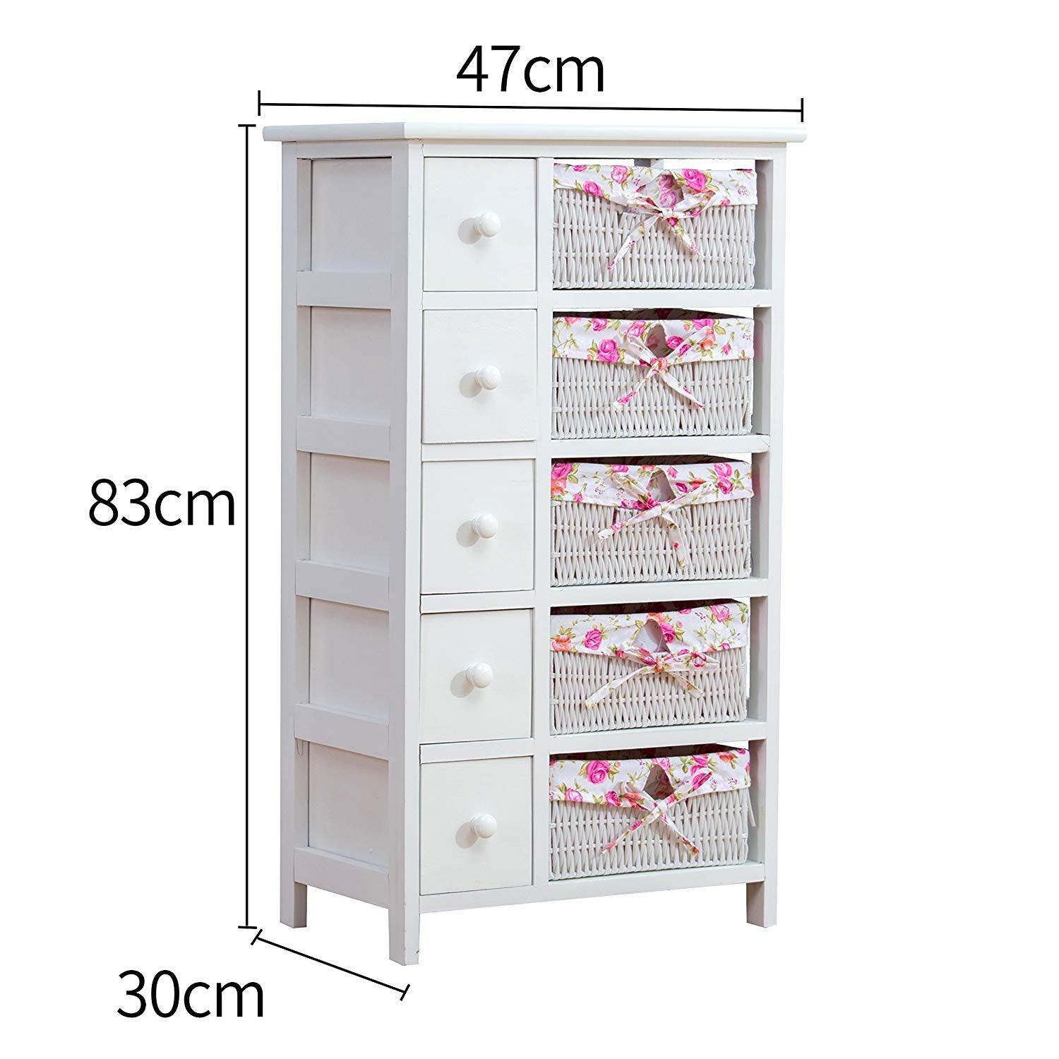 Shabby Chic White 5 Layer Chest Of Drawers With Floral Wicker