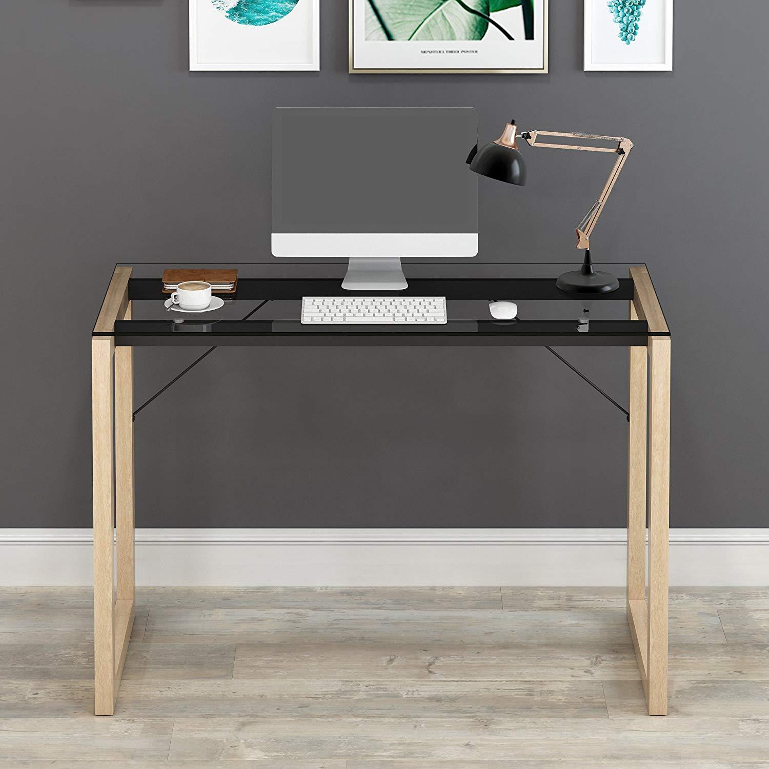 ELISE Clear Tempered Glass Top Computer Desk with Solid Wood Frame