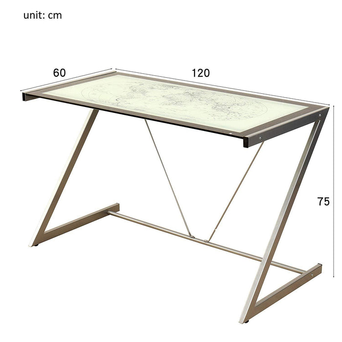 COLUMBUS World Map Tempered Glass Desk With Silver Frame