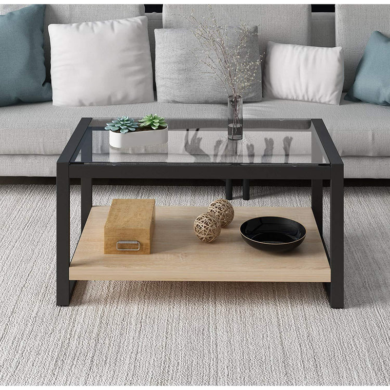 OLYMPIA Coffee Table Glass Top with Steel Frame &amp; Wooden Shelf | Shop