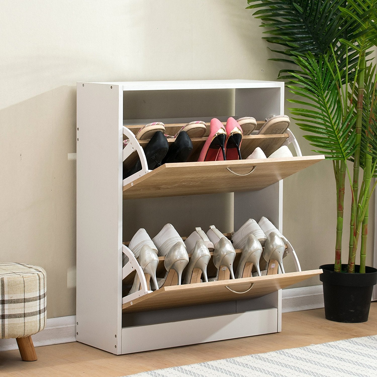2-Drawer Wooden Shoe Cabinet Shoe Storage Unit, Oak & White Shop 