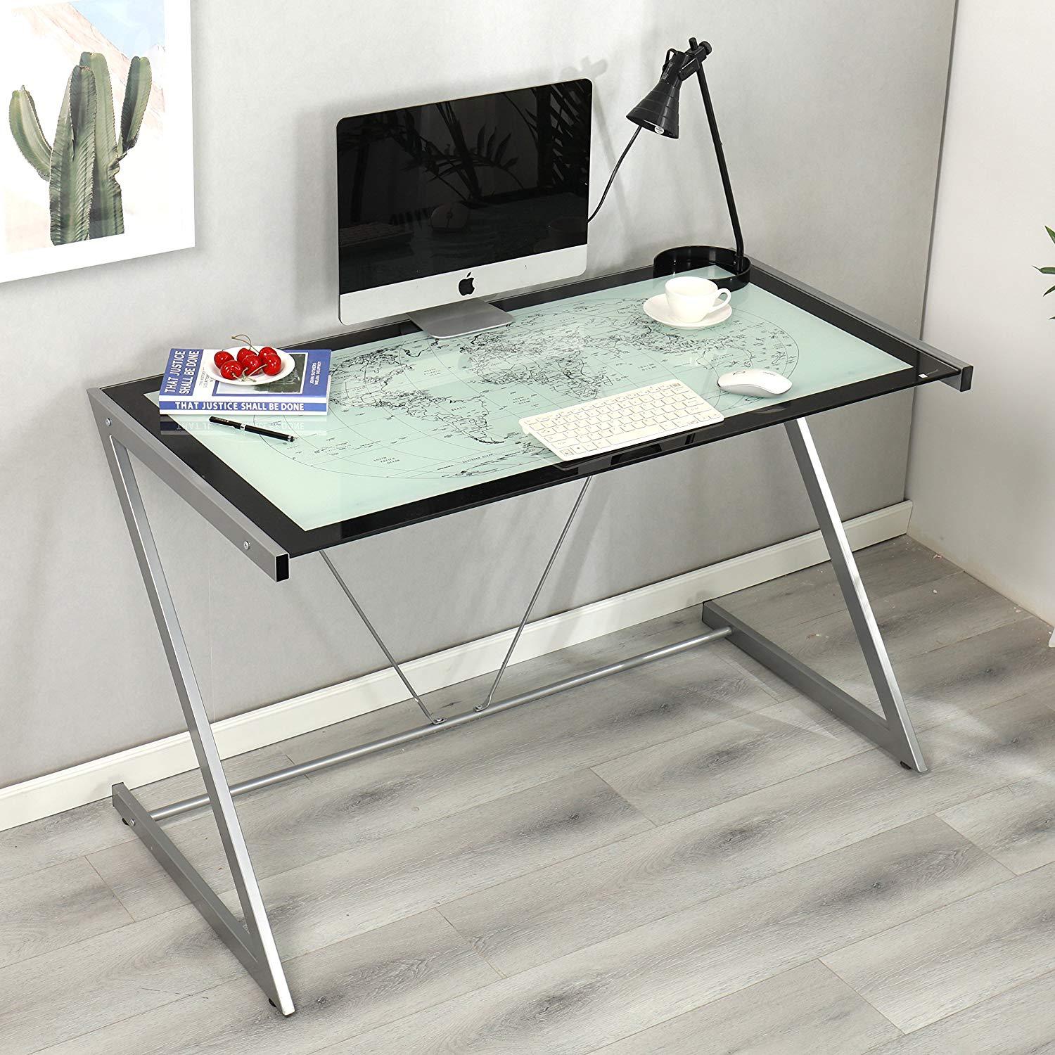 COLUMBUS World Map Tempered Glass Desk With Silver Frame